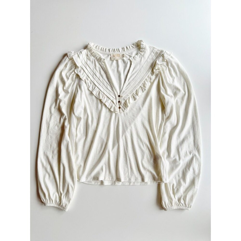 NATION LTD Quintana Ivory Cotton Jersey V-Neck Long Sleeve T-Shirt Top, Size S - Picture 7 of 15